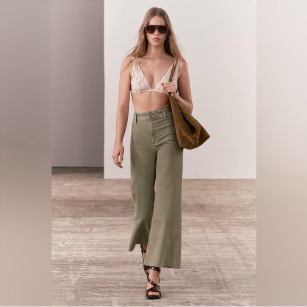 Zara Olive Green Wide-Leg High-Waist Marine Pants size 4